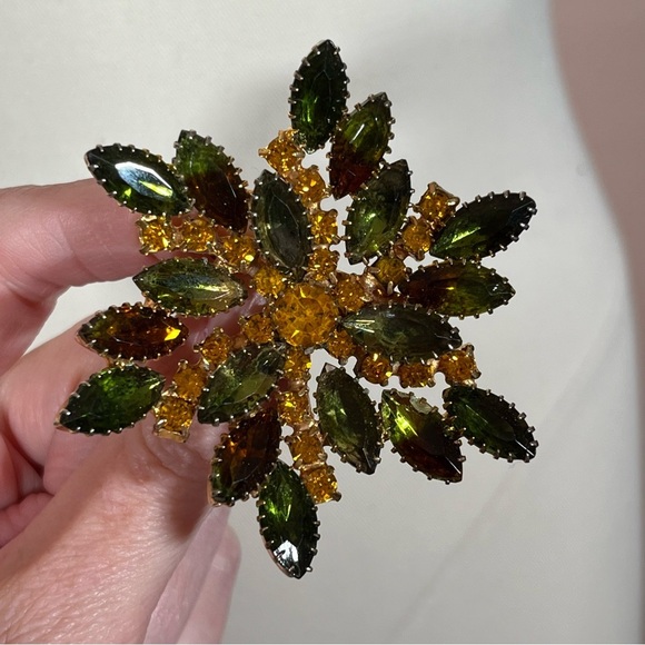 Vintage Antique Retro Juliana Oversized Crystal Amber Avocado Green Gold Brooch - Picture 9 of 12